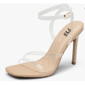 FYS Nude Clear Square Toe Sandals Transparent Ankle Strap High Heels Shoes